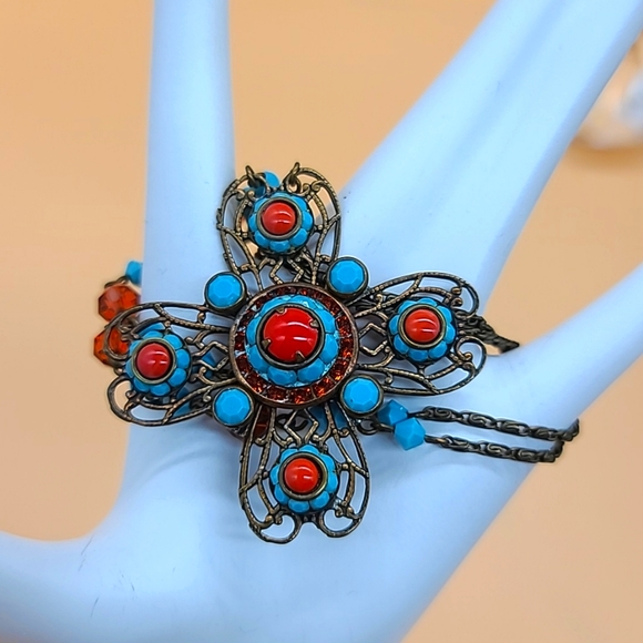 Liz Palacios SF Turquoise & Coral Swarovski Crystal & Bead Pendant 🌼 - Picture 4 of 10